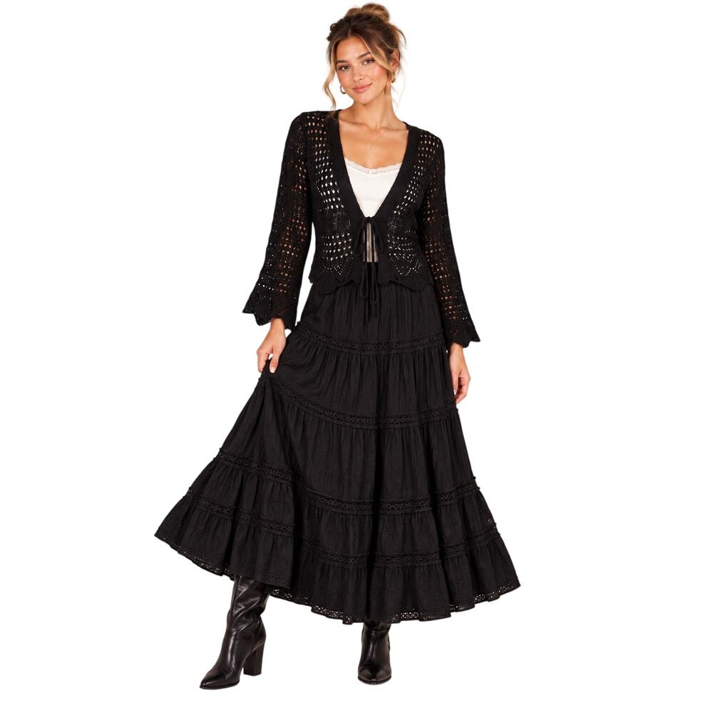 NWT Sweet Kizz Black Crocheted Knit Tie Front 3/4 Sleeve Cardigan Sweater